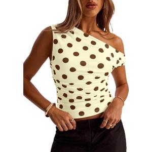 Women Y2k Vintage Polka Dot Asymmetrical Off Shoulder Ruched Crop Tank Tops Slim Fitted Sleeveless Cute Shirts (M)