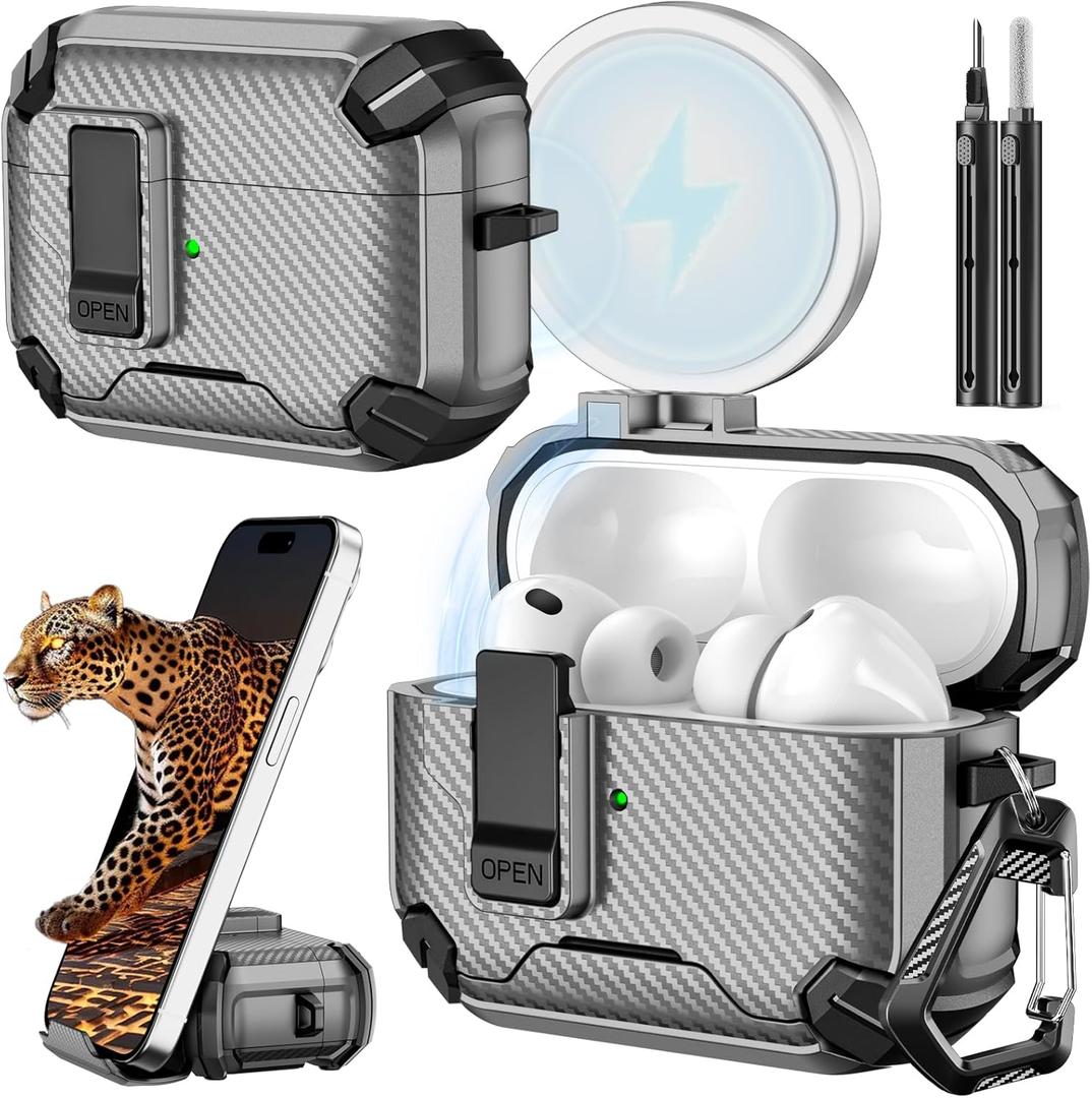 Inesore for AirPods Pro 3 Case (2025) with Phone Stand & Cleaning Kit,Compatible with Magsafe,Magnetic Automatic Lock Cover for AirPods Pro 3rd Generation