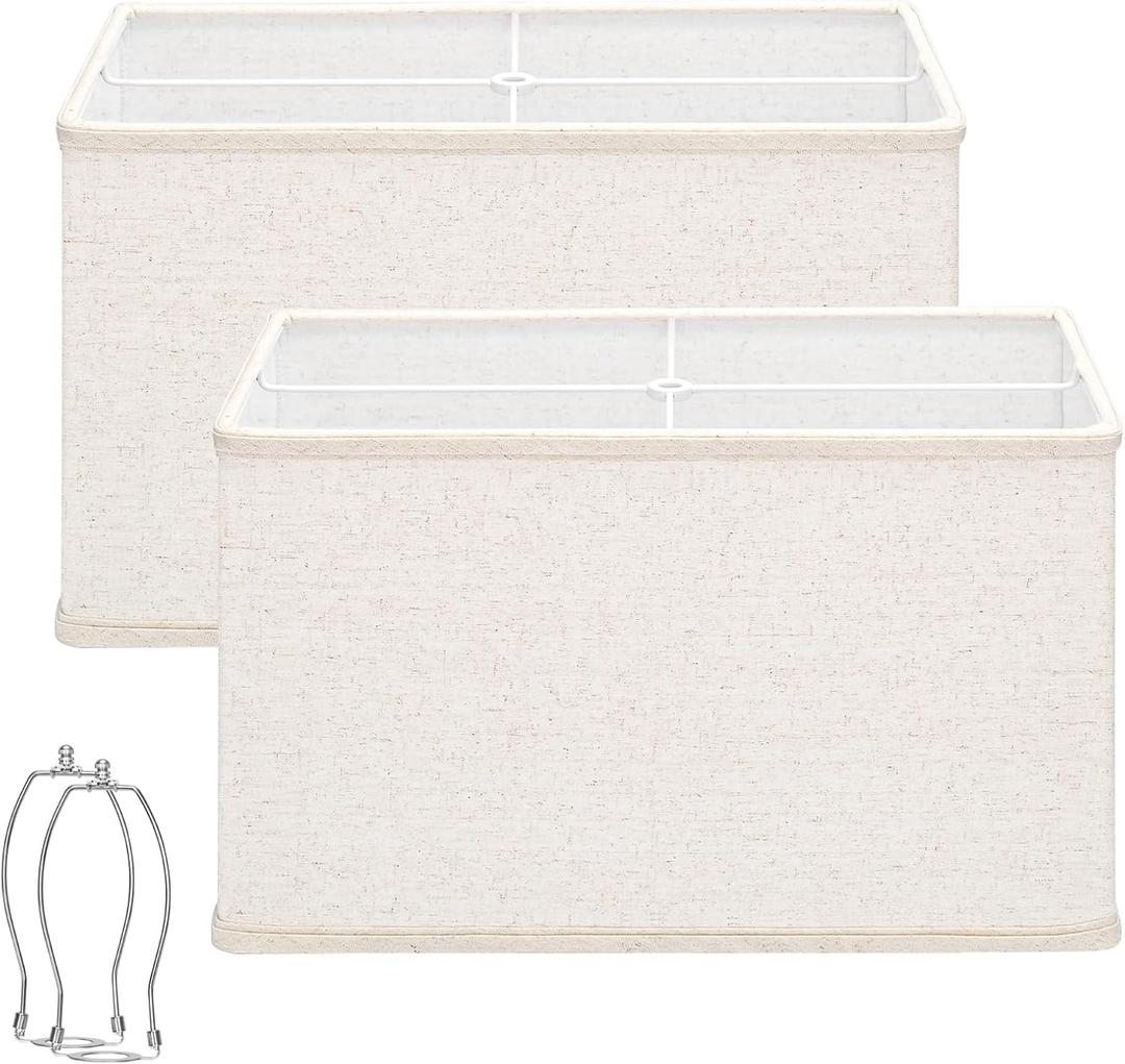 Rectangle Lamp Shades Set of 2, 16"L x 8"W x 10"H Large Beige Lampshades for Table Lamps Floor Lamps, Natural Linen Lamp Shade Replacement, Spider, Harp Holders Included, Easy Assembly Required