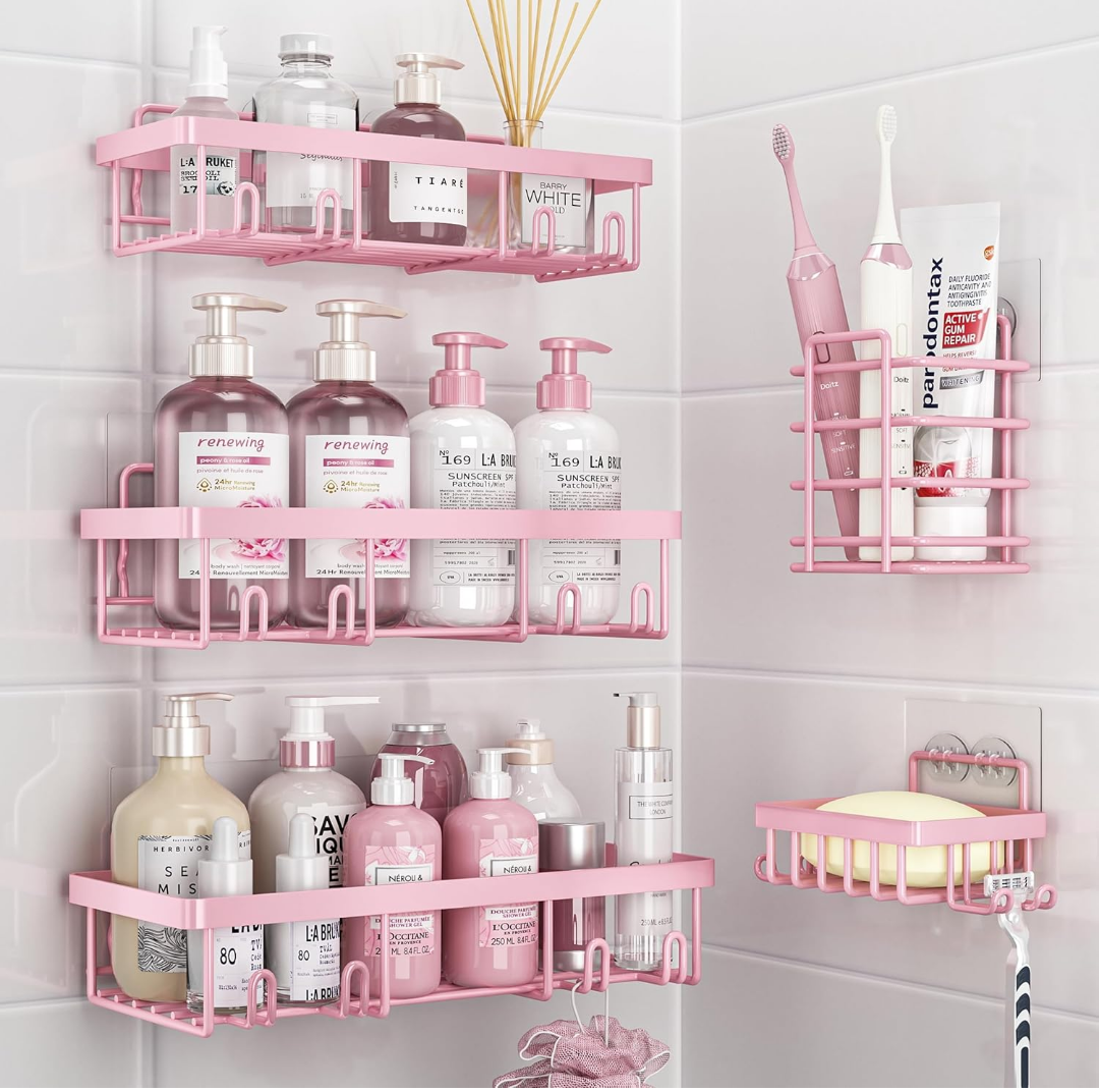 5 Pack Shower Caddy Organizer Rack Shelf for Inside Shower, Adhesive Bathroom Wall Storage Basket Rustproof Stainless Steel Shampoo Holder, Girly Bathroom Accessory Decor Set, Pink