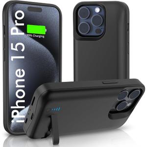Battery Case for iPhone 15 Pro, Real 7000mAh Extended Charging Case with Kickstand for Apple 15 Pro, Protective Phone Charger Case for 15 Pro(6.1") Black