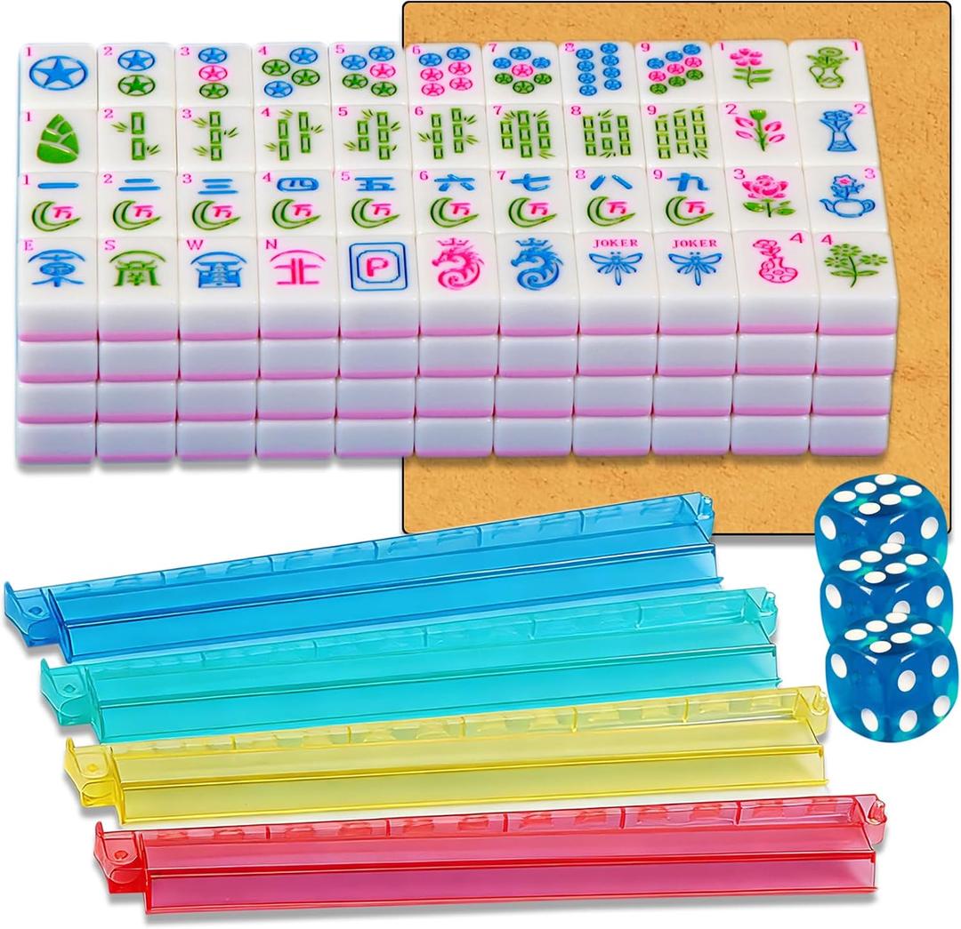 Pink American Mahjong Set 1.2-inch Mahjong Tile Set 166 Pieces American Mahjong Tile Set with Mahjong Table Mat and Mahjong Racks with Pushers
