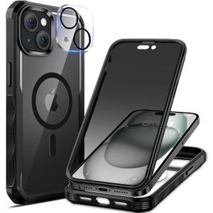 seacosmo for iPhone 15 Plus Case, Full Body Bumper with Built-in 9H Tempered Glass Privacy Screen Protector and Camera Lens Protector, Compatible with MagSafe, Shockproof Phone Cover, 6.7", Black