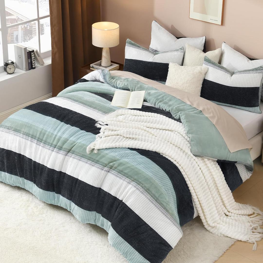 Litanika Fluffy Fleece Full Comforter Set, 3 Pcs Sage Green Stripe Bed Set