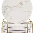 5 Pack White Marble Coaster Set with Holder Absorbent Drink Coasters Ceramic Cute Coaster Bar Dining Coffee Table Accessories Decor Gift Funny Cup Stone Modern Costers Cool Desk Beer Cork Coasters