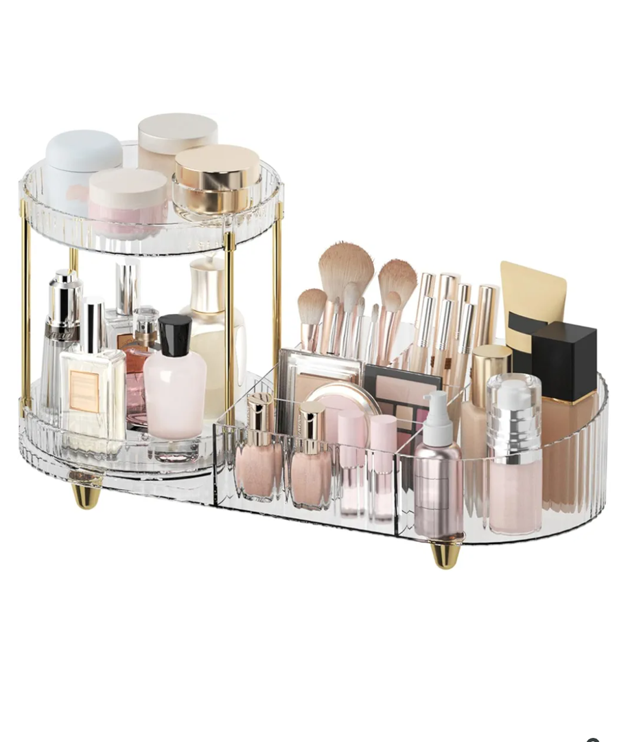 Makeup Organizer Countertop for Vanity, Rotating Perfume Tray with 5-compartment Cosmetic and Skincare Organizers, Multi-Purpose Desk Storage Makeup Brush Holder for Bathroom Bedroom Counter