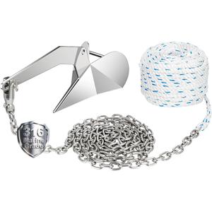 316 Stainless Steel Delta Anchor Kit Set Stainless Steel Boat Anchor with Short-Link Chain & Rope & Swivel (13 Lb Delta Anchor+1/2"rope 150ft+1/4" Chain 15ft)