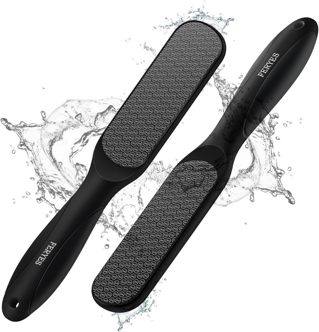 FERYES Dual-Sided Glass Foot File  Long Handle Foot Scrubber for Dead Skin, Cracked Heel Repair, Pedicure Tools for Callus Removal, Glass Pumice Stone Foot Scraper - Black