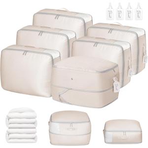 DIMJ Comforter Storage Bag 6 Pack - Blanket Storage Organizer Compression Bags, Large Capacity Ultra Space Saving Self Compression Organize for Bedding, Pillow, Duvet, Sheet Storage with Zipper Window (Beige)