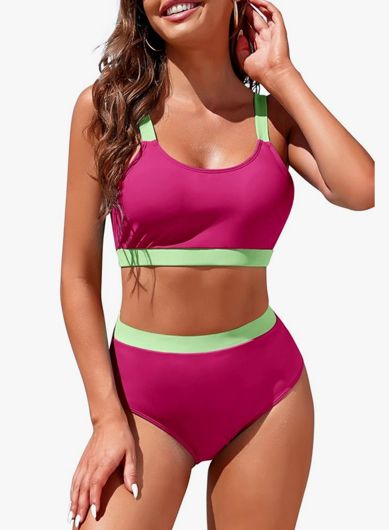 Womens High Waisted Bikini Sets Sporty Crop Top Color Block Swimwear Bandeau Scoop Neck Vintage Two Piece Bathing Suits, XL