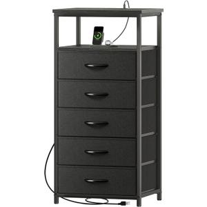 Huuger 5 Drawers Dresser with Charging Station, Dresser for Bedroom, Tall Night Stand, Chest of Drawers with Open Shelf, Bedside Table Nightstand, Fabric Storage Drawers, for Entryway, Black