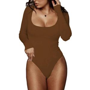 BelleLovin Women's Square Neck Long Sleeve T-shirt Basic Bodysuit Jumpsuits (Medium, Brown)