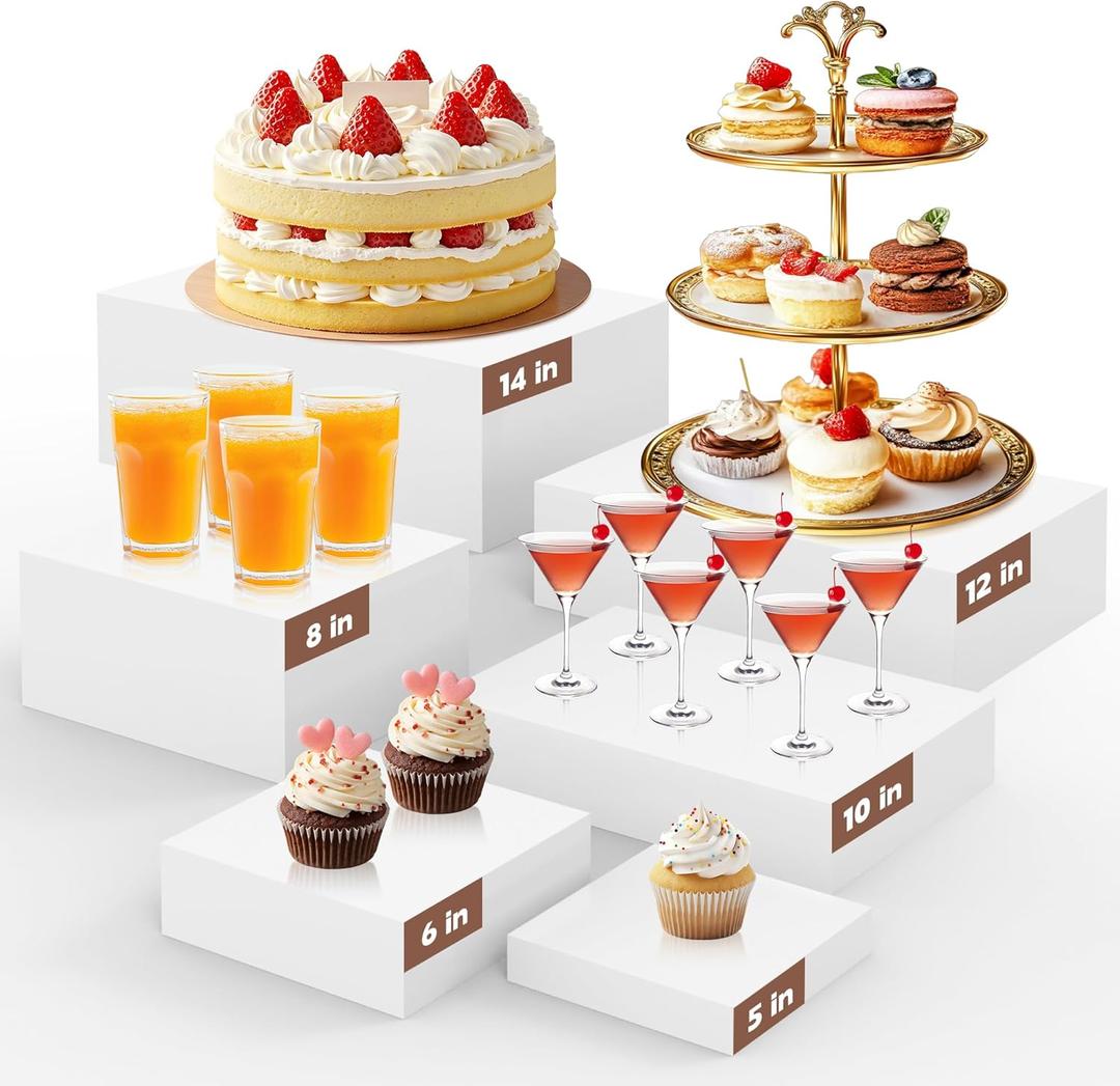 6 PCS Extra Large Buffet Risers Set, White Acrylic Food Risers for Buffet Table, Display Stand Shelf with Hollow Bottoms for Catering Dessert Collectibles Jewelry Figures Show