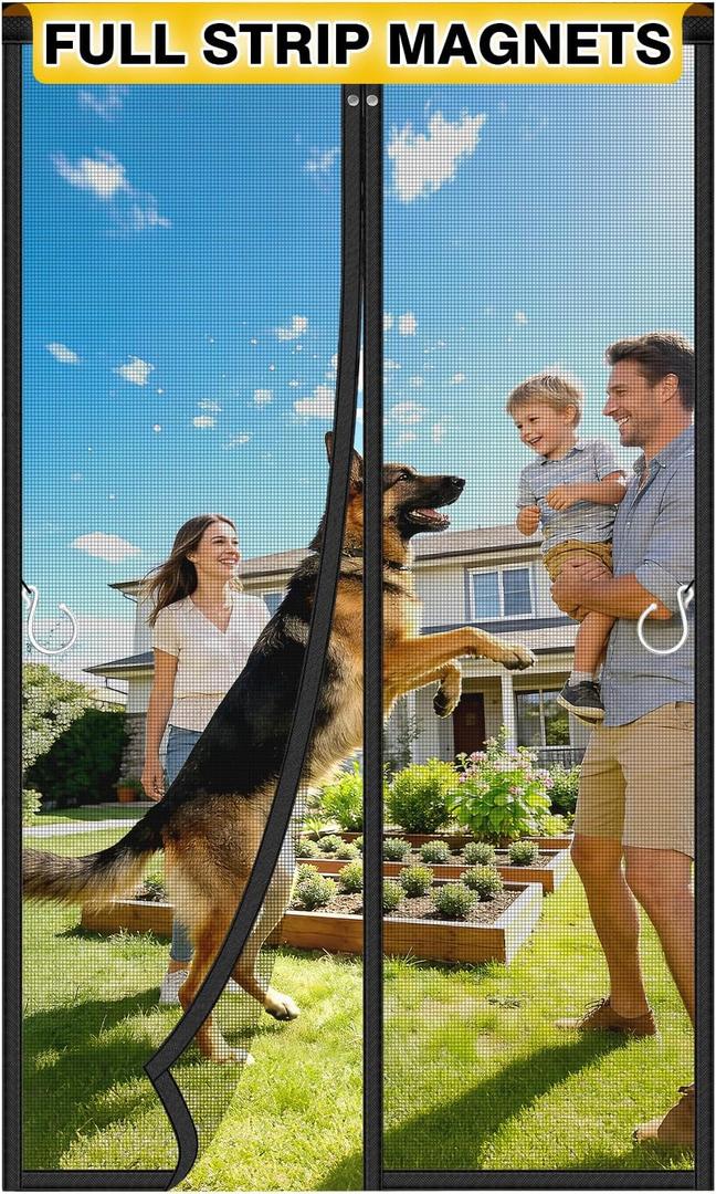Upgraded Magnetic Screen Door Mesh, Full Strip Magnets, Heavy Duty Fiberglass Mesh, Door Screen Magnetic Closure for Single Door Size 32 x 80 Inch, Screen Door Size 35 x 82 Inch Black
