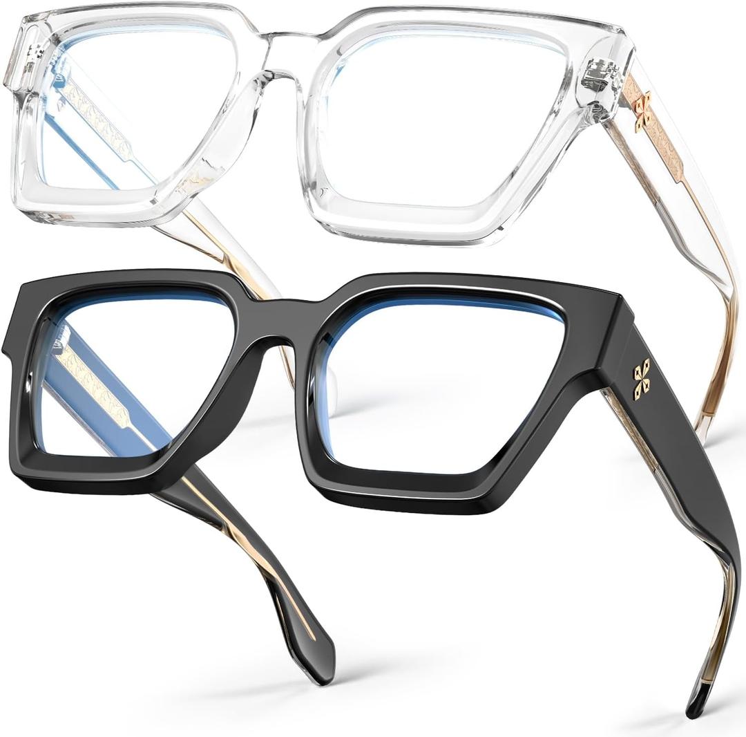 VISOONE 2 Pack Blue Light Blocking Glasses Rectangle Frame and Chic Preppy Look for Women Men RIVER (Black+clear)