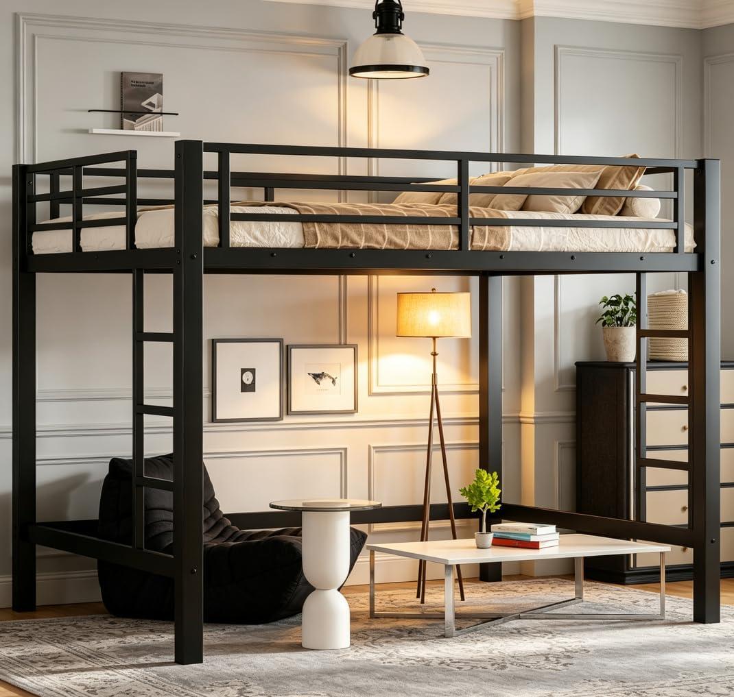 Bellemave Full Loft Bed with 2 Ladders and Guardrails, Metal Loft BedFrame for Adults, Kids, Teens, Black