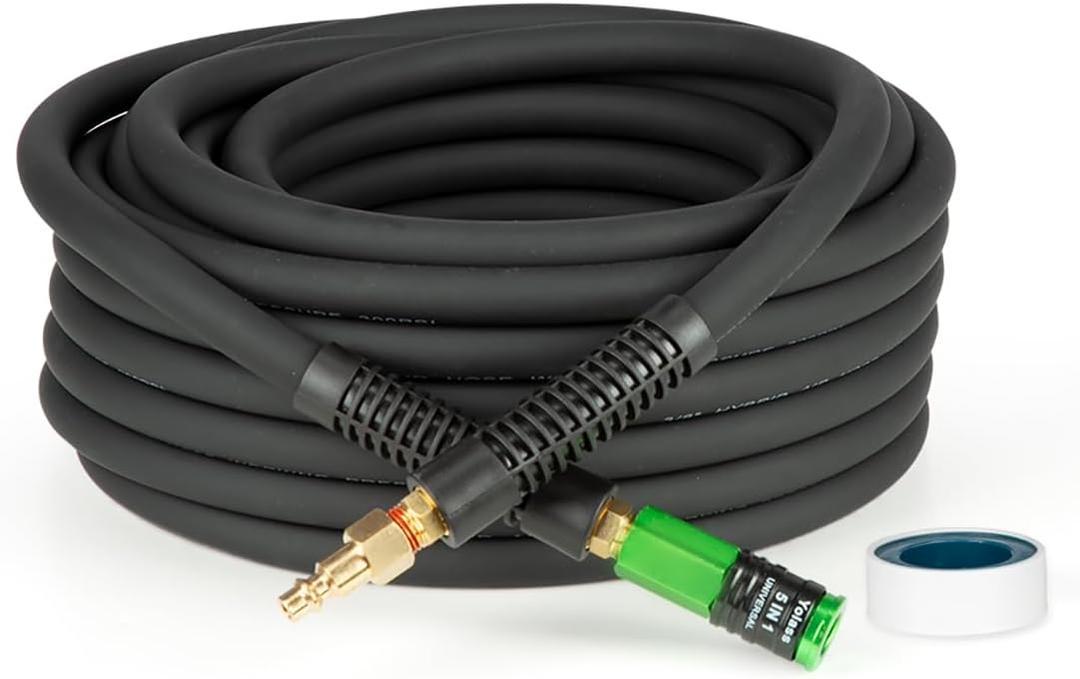 Yolass 3/8 Inch  50FT Hybrid Air Hose, Air Compressor Hose, 5 IN 1 1/4 Industrial Quick coupler Fittings, All-Weather Flexibility, Heavy Duty, Lightweight Compressor Hose Short(Black)