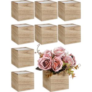 Suzile 12 Set 4 Inch Wooden Planter Box Flower Square Vases for Centerpiece Rustic Cube Planter Box with Removable Foam Blocks Liner Square Vase Craft for Garden Home(Wood Color)