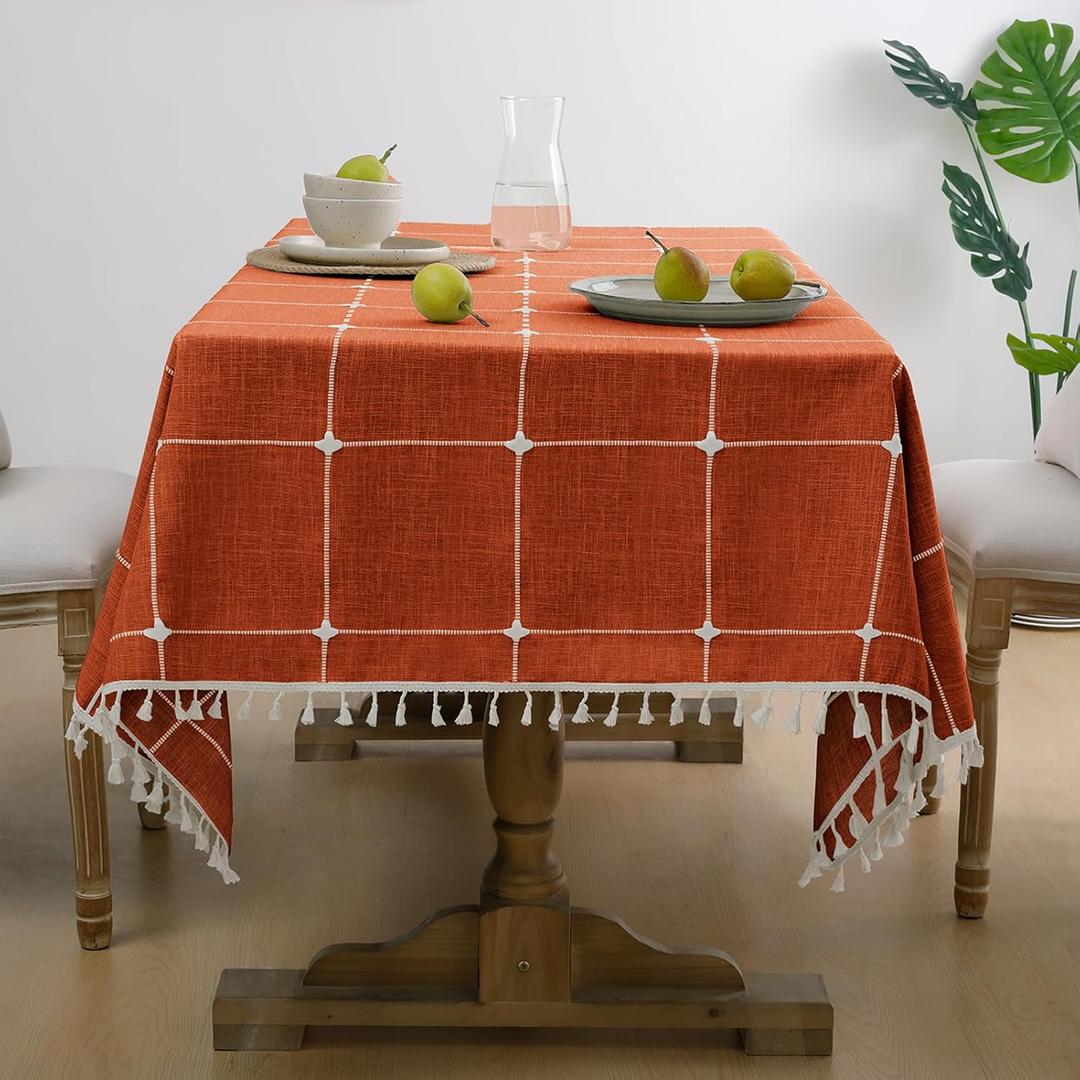 Softalker Fall Tablecloth Rectangle, Waterproof Linen Cotton Farmhouse Table Cloths with Tassel, Heavy Weight Wrinkle Free Table Cover for Dining/Party/Rustic - 55 x 84 Inch, Burnt Orange Plaids