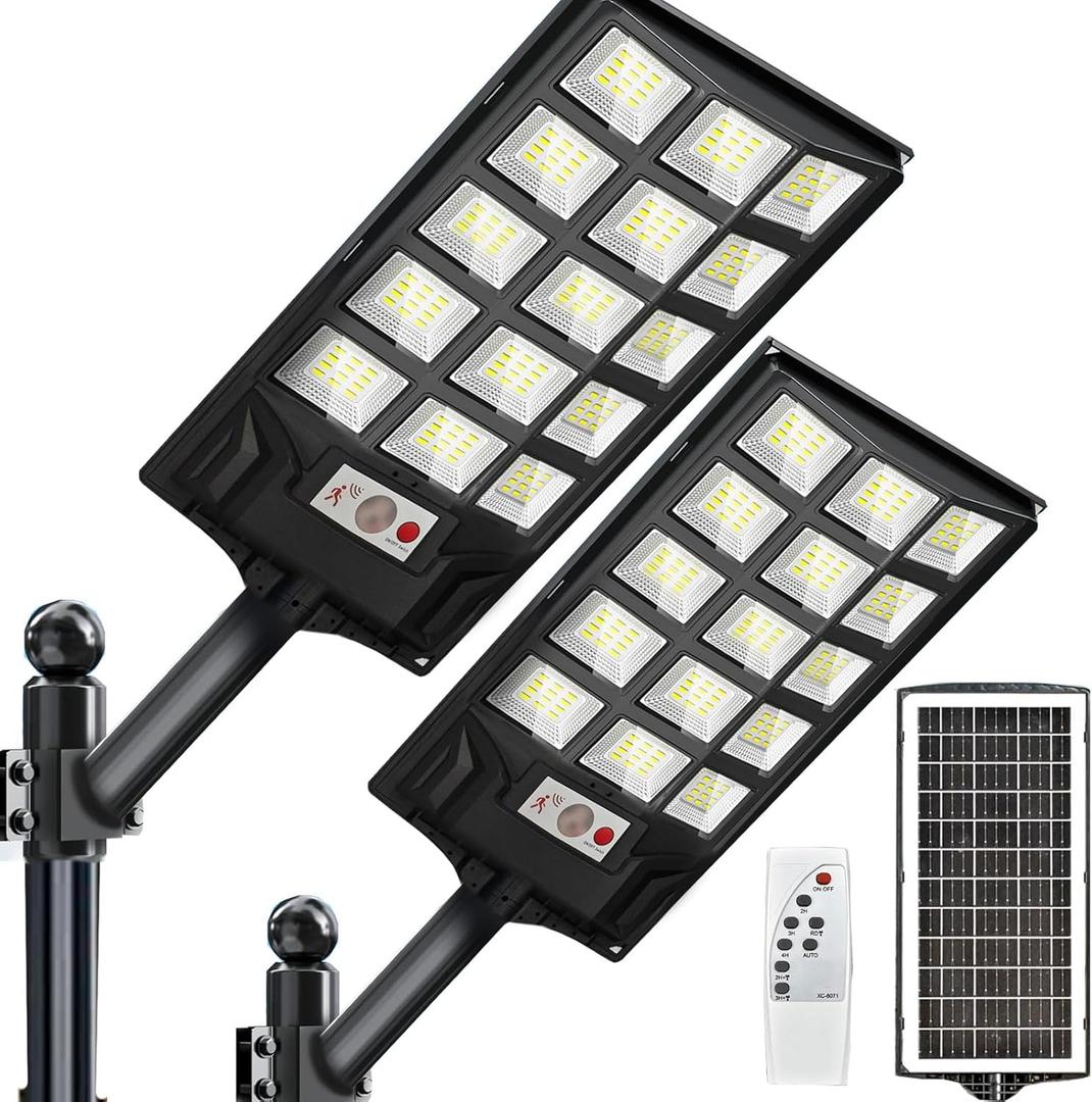 Voolex 2 Packs Solar Stree Light 10000LM Wide Angle Flood Lights Solar Dusk to Dawn Lights Outdoor with Remote Control & Motion Sensor for Garden,Yard,Path, Parking Lot