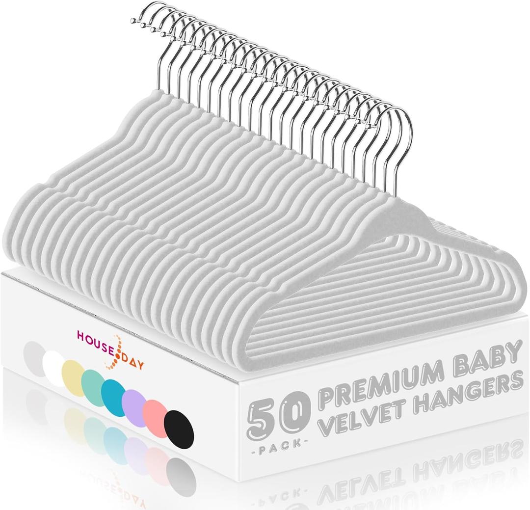 HOUSE DAY 11 Inch Velvet Baby Hangers 50 Pack Grey, Premium Kids Hangers for Children, Infant & Toddler Clothes, Durable Non Slip Small Baby Felt Hanger for Closet, Ideal for Everyday Use