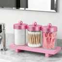 Pink Qtip Holder Bathroom Set - 3 Pack Apothecary Jars with Metal Lids and Vanity Tray. Bathroom Organizers and Storage, Cute Vanity Makeup Organizer, Bathroom Decor Accessories
