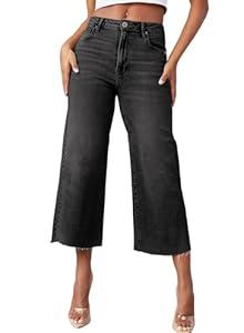 Sidefeel Womens Capri Jeans High Waisted Cropped Jeans Stretchy Straight Wide Leg Denim Pants Fall Fashion Outfits Size 6 Black