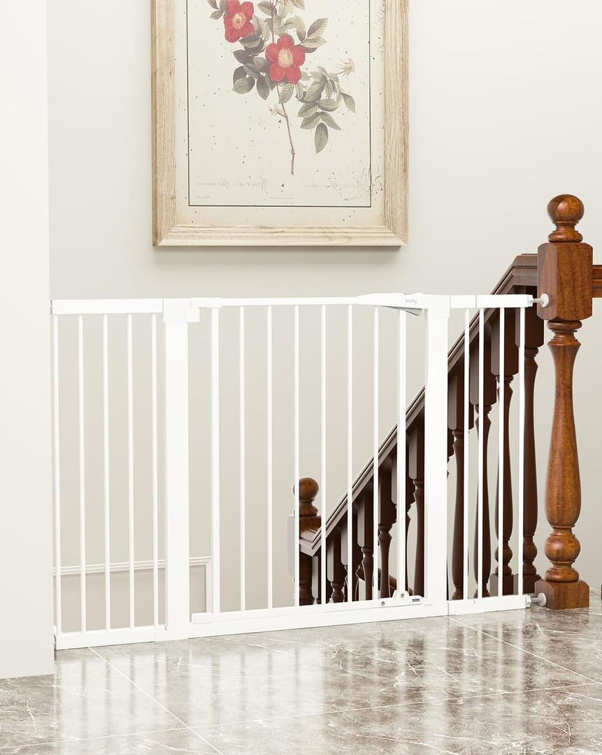 keny 29.7"-51.5" Extra Wide Baby Gate for Stairs, Easy Walk Thru Dog Gate with 21.1" Large Opening Door, Pressured Mounted No Drilling Pet Gate, 30" Tall, White