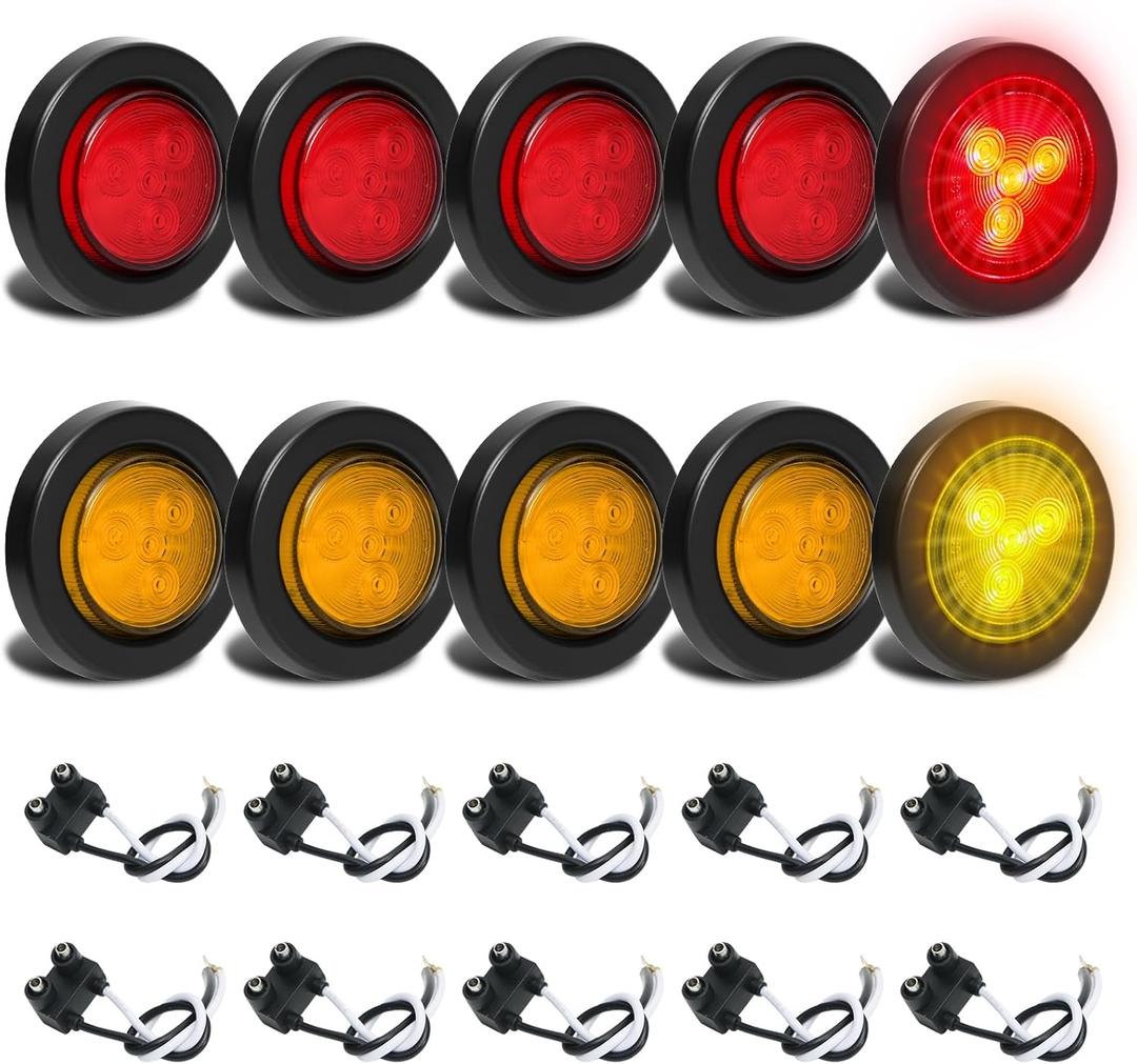 10Pcs 2 inch Round Led Trailer Marker Lights - Led Side Marker Lights with 2 Prong Plug, IP67 Waterproof Clearance Lights for Truck Camper RV, Flush Mount, [DOT Approved], 12V, (5 Red + 5 Amber)