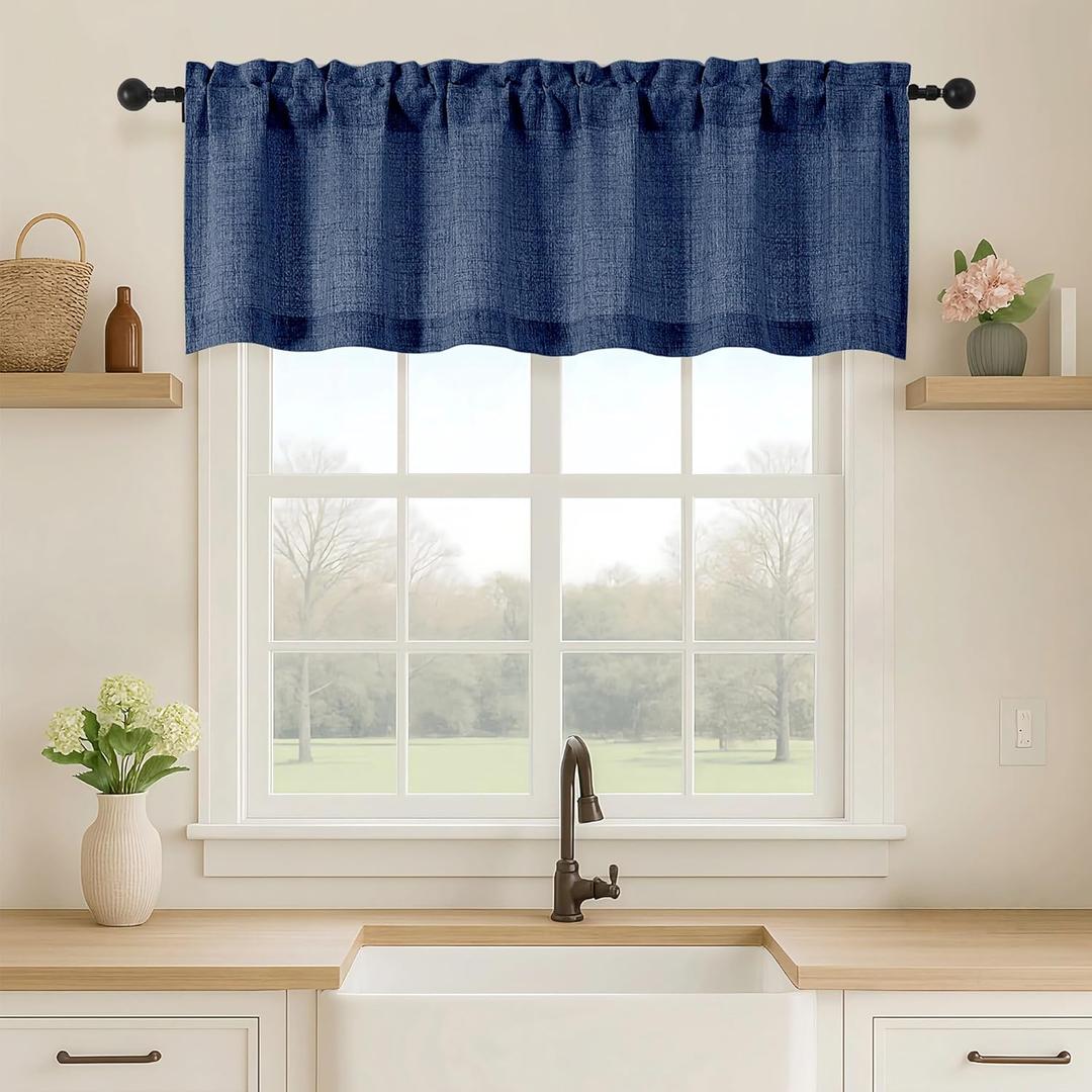 OVZME Navy Blue Valance for Windows, Light Filtering Faux Linen Textured Small Short Valance Kitchen Curtain, Dual Rod Pocket Top Short Window Curtain for Bathroom Basement Farmhouse, 1 Piece, 60Wx16L
