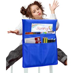 EAONE Chair Pockets for Classrooms, Large Capacity Seat Pockets Organizer 17 x 19, Back of Chair Storage Bag with DIY Name Tags for Student School Classroom Supplies, Blue