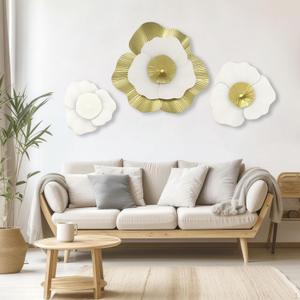 JinKune 3 Piece Metal Flower Wall Decor 3D Double Layered Floral Wall Art, Rustic Modern Wall Hanging Home Decorations Gold-White Wall Sculpture Decor For Living Room Bedroom Kitchen Dining Room