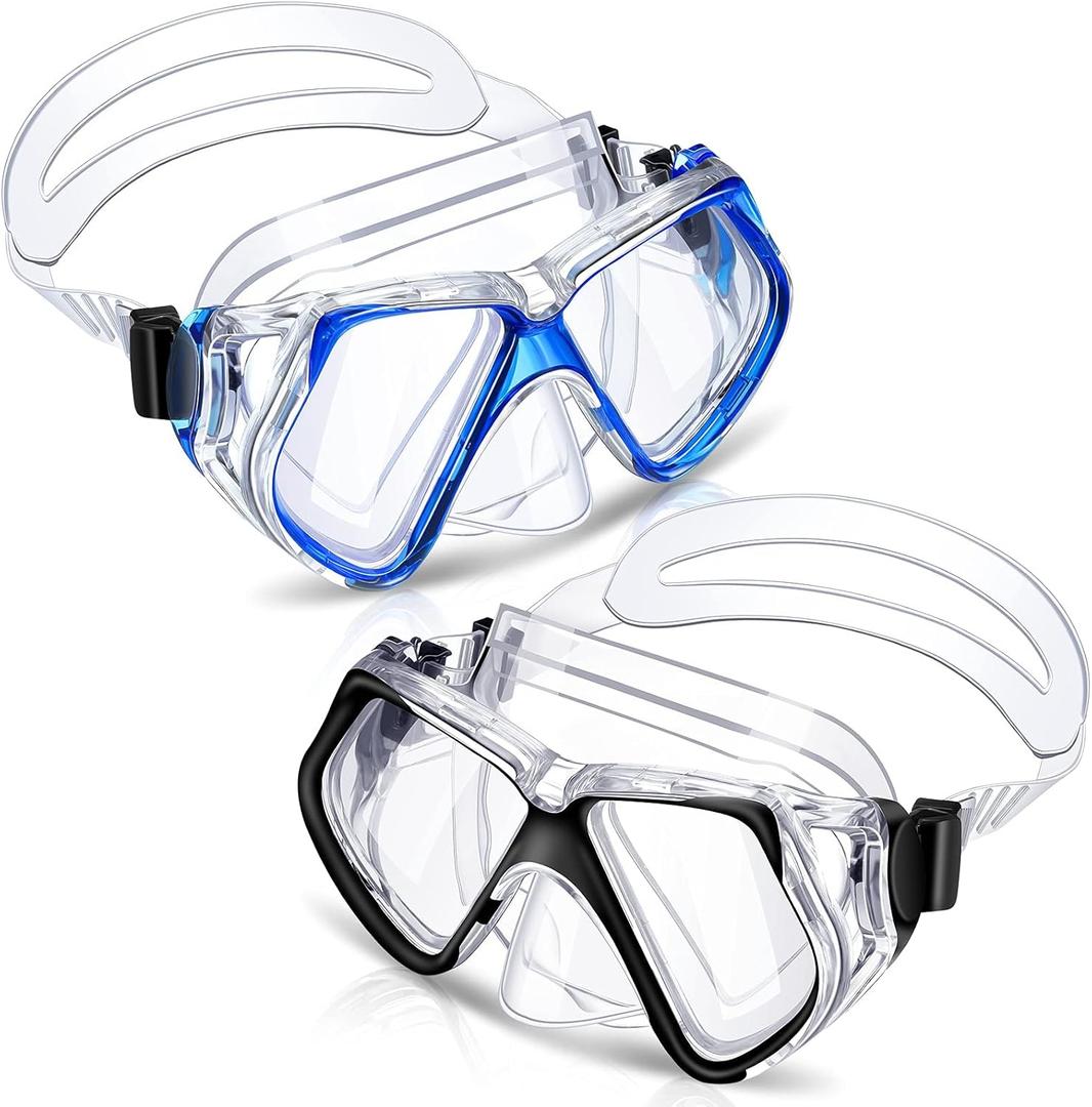 Weewooday 2 Pcs Adults Swimming Goggles with Nose Cover Antifog Clear Diving Mask Clear Wide View No Blurring Tempered Glass Swim Goggle for Adult Men Women Youth (Black, Blue)