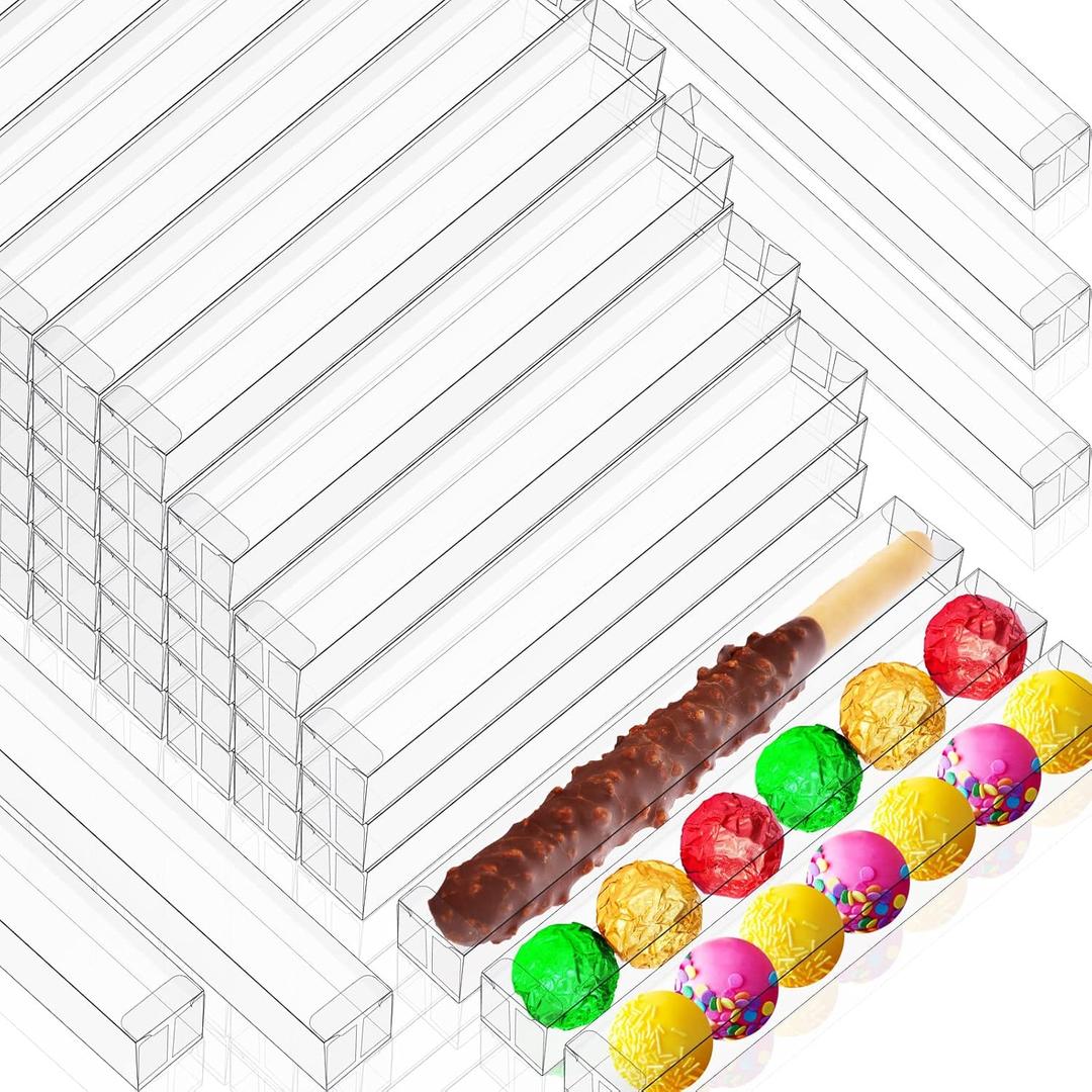 Qunclay 40 Pieces Pretzels Rods Boxes Clear Gift Lid Packaging Boxes Plastic Favor Chocolate Covered Pretzels Gumballs 1 x 1 x 8 Inch for Wedding Baby Shower Christmas Party Cookie Treats