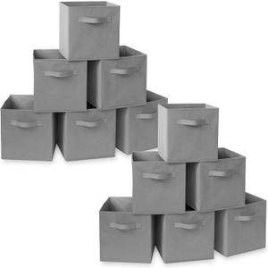 Casafield Set of 12 Collapsible Fabric Cube Storage Bins, Gray - 11" Foldable Cloth Baskets for Shelves, Cubby Organizers & More (10.5" x 10.5" x 11")