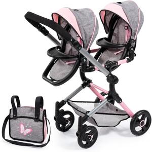 Bayer Twin Doll Pram Neo, Grey, Pink with Butterfly, Jean Look