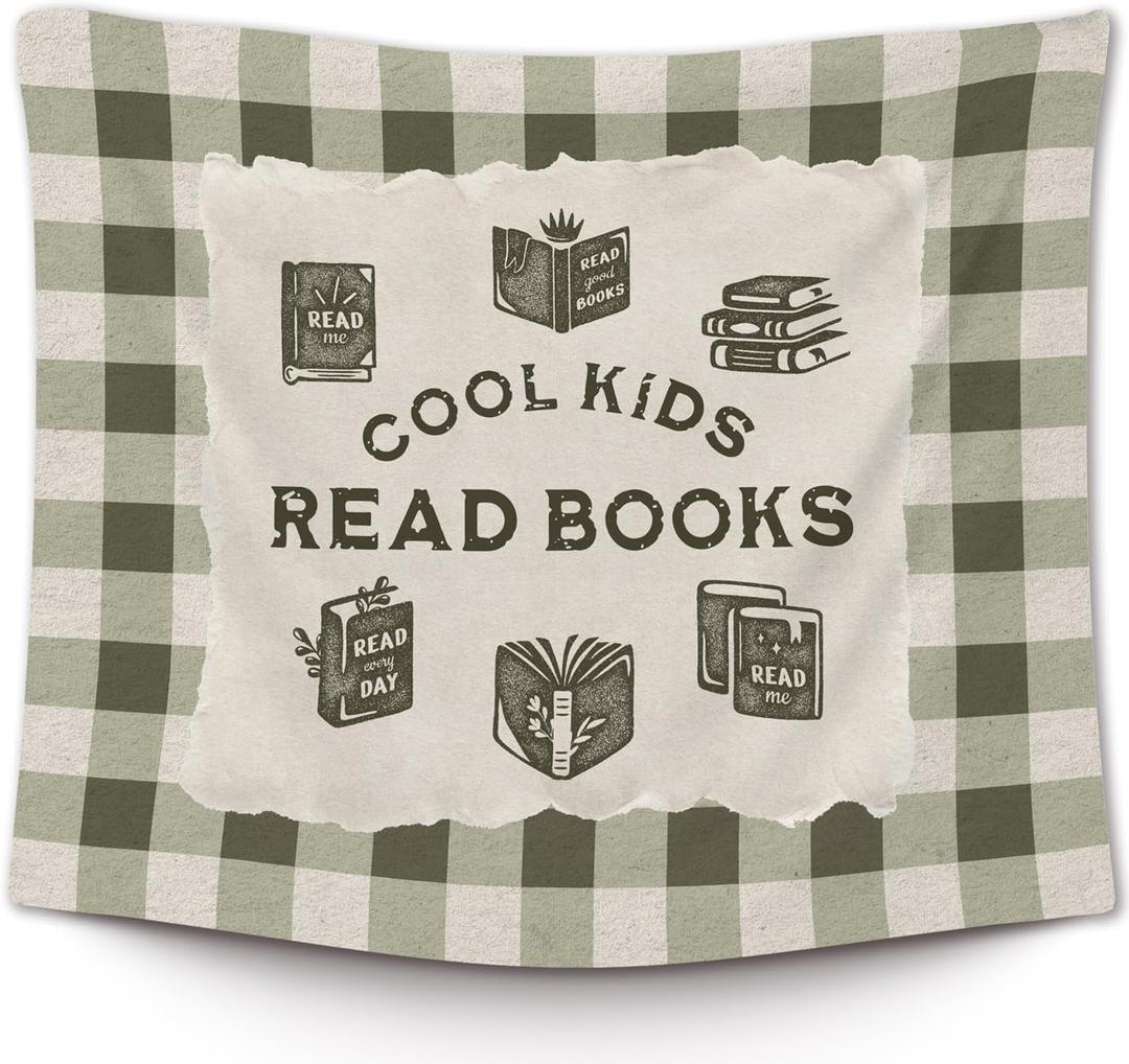 XLDLIOO Cool Kids Read Books Wall Tapestry, Vintage Classroom Wall Tapestry Hanging, Green Buffalo Checkered Tapestries Decor Art for Kids Reading Room Corner Nook Library Classroom, 50x60in