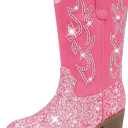 Cowboy Boots for Girls Pointed Toe Kids Cowgirl Boots Mid Calf Western Youth Cowgirl Boots Horse Riding Party (Pink Sequin), Size: 12 Little Kid
