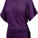 Womens Ruched Tops Casual T Shirts Dolman Short Sleeve Shirts Boat Neck Summer Off Shoulder Batwing Tops 2025 (XX-Large, 06dark Purple)