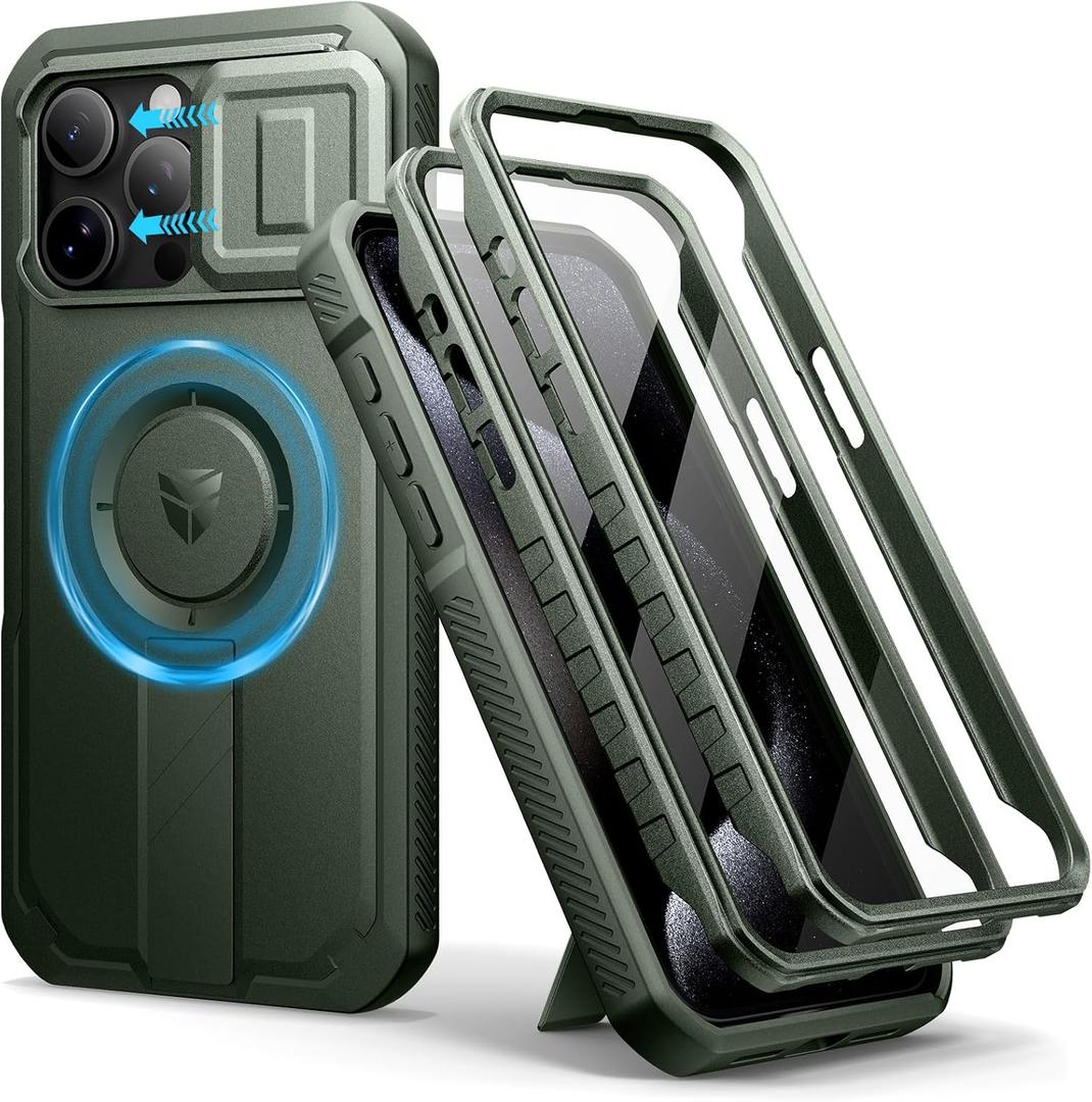 Dexnor for iPhone 15 Pro Max Case with Slide Camera Cover & Adjustable Kickstand & Built-in Screen Protector, Magnetic Rugged Shockproof Bumper Cases Heavy-Duty Magnetic Protective Cover,Army Green