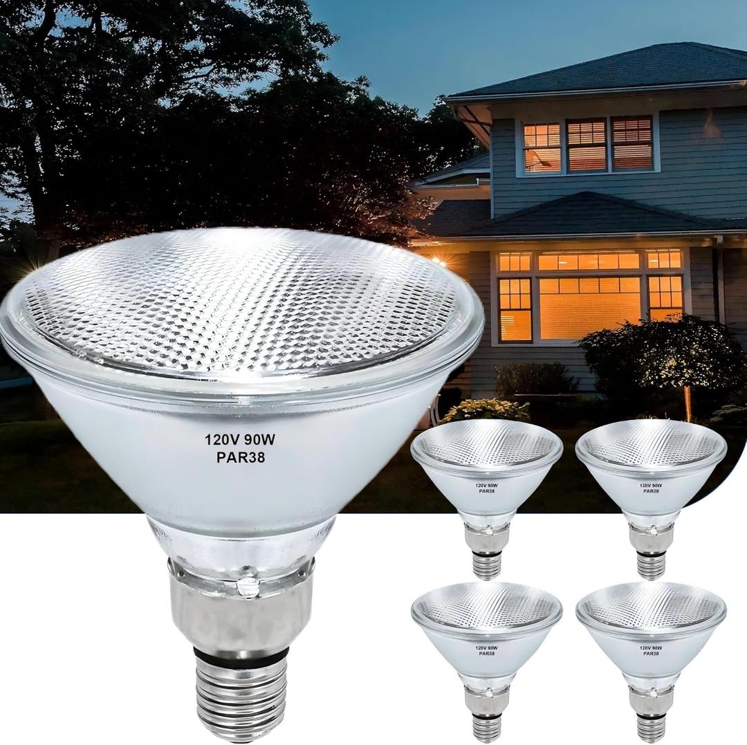 PAR38 Halogen Flood Light Bulbs 4 Pcs, 90W Equivalent, 120V, E26 Base, 2700K Warm White Light for Indoor and Outdoor
