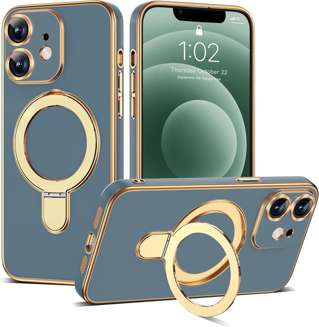 Compatible with iPhone 12 Case with Magnetic Ring Stand [Compatible with Mag-Safe] [Full Camera Lens Protector] Soft Plating Phone Case for iPhone 12 6.1", Grey Blue