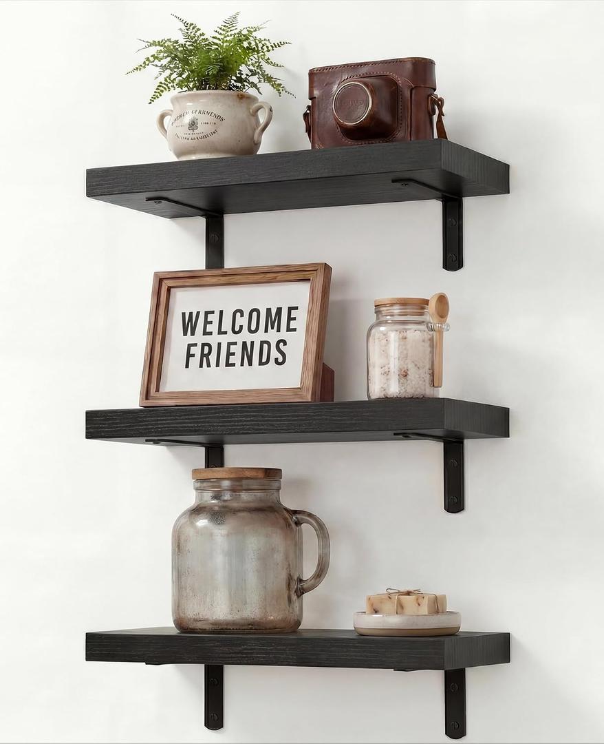 Easy Install Wall Shelves with Bracket,15.7Inch Wall Mounted Wood Floating Wall Shelves,Small Wall Shelves for Storage&Wall Decor, Living Room, Kitchen, Office,Corner Shelf for Bathroom,Set of 3,Black