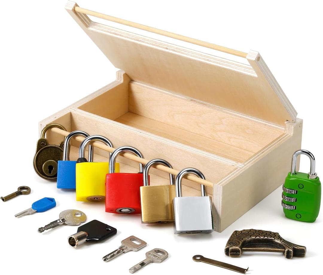 Woodtoe 8 PCS Montessori Lock and Key Toy, Montessori Toys for Toddlers 3 4 5 Year Old, Kids Tool Set, Montessori Materials Preschool Learning Sensory Toy, Fine Motor Skill, Christmas Toys for Kid 3-6