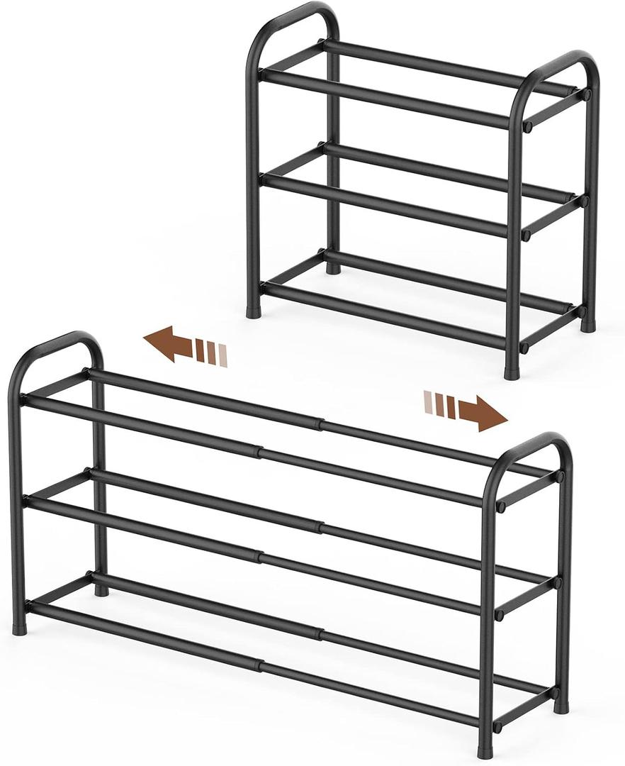 Gonfoam 3-Tier Expandable Shoe Rack,Adjustable Shoe Shelf Storage Organizer Heavy Duty Metal Free Standing Shoe Rack for Entryway Closet Doorway (Black)
