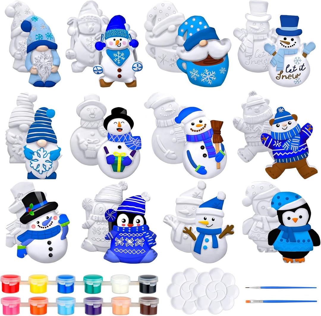 12 Sets Winter Ceramics to Paint Ready to Paint Your Own Ceramic Figurines Winter Painting Craft Snowman Penguin Gnome Paintable DIY Painting Kit for Unpainted Art Craft
