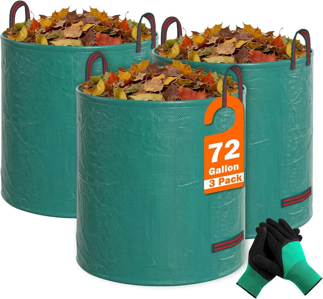 FEED GARDEN 72 Gallon Reusable Yard Waste Bags, 3 Pack Heavy Duty Lawn and Leaf Bags with 4 Reinforced Handles Stand Up for Leaves Grass Clippings Debris Includes Gardening Gloves