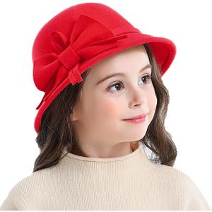 Bienvenu Kids Girls Winter Warm 100% Wool Bucket Hats Fedoras with Bowknot (One Size, Red)