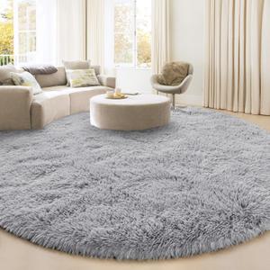 Large Round Area Rug for Living Room, 7x7 Fluffy Soft Circle Rugs for Bedroom, Washable Plush Shaggy Indoor Floor Bedside Kids Girls Nursery Room Circular Carpet, Home Decor Aesthetic, Grey