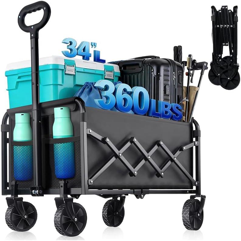360LBS Collapsible Wagon Cart with Wheels - Heavy Duty Folding Wagon Carts for Grocery, Lightweight Utility Wagon with All-Terrain Wheels & 2 Cup Holders, Portable Beach Wagon for Shopping Garden